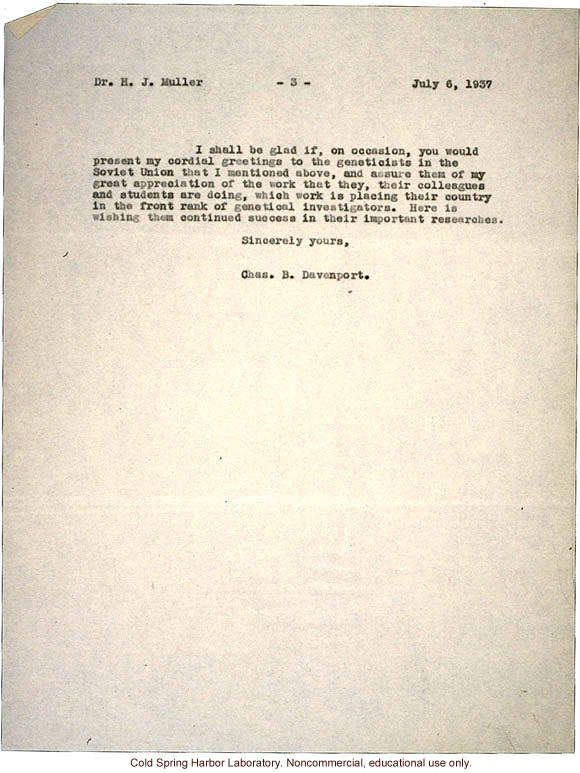 C.B. Davenport letter to H.J. Muller, about reasons against holding a genetics congress in Russia (7/6/1937)