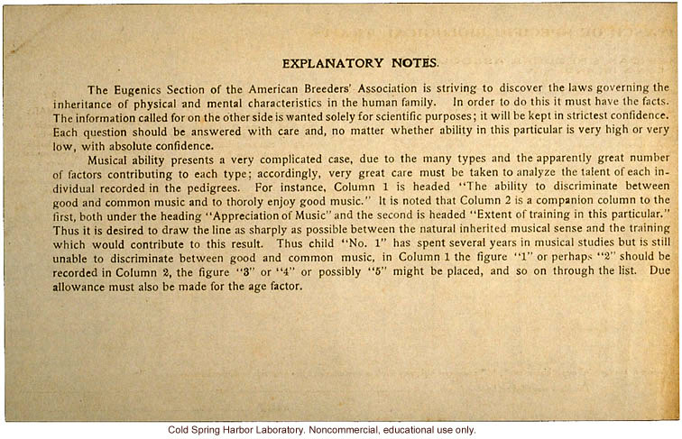 &quote;Inheritance of Musical Talent,&quote; pedigree chart with instructions, Eugenics Section, American Breeders Association