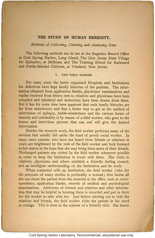 &quote;The Study of Human Heredity,&quote; by Davenport, Laughlin, Weeks, Johnstone, and Goddard, Eugenics Record Office Bulletin No. 2