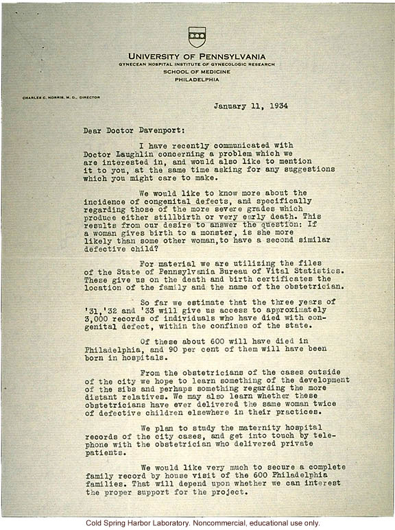 D.P. Murphy letter to C.B. Davenport, about a study of families in which there have been severe congenital defects (1/11/1934)