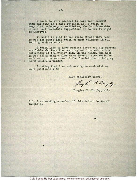 D.P. Murphy letter to C.B. Davenport, about a study of families in which there have been severe congenital defects (1/11/1934)