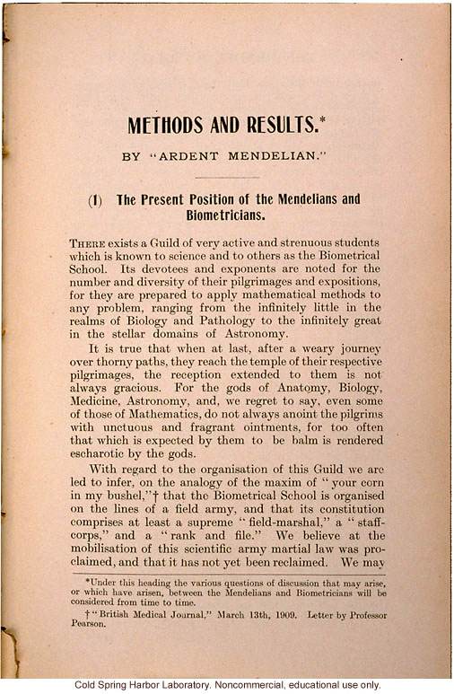 &quote;The Present Position of the Mendelians and Biometricians,&quote; The Mendel Journal, focusing on the &quote;battle&quote; over intermediate forms