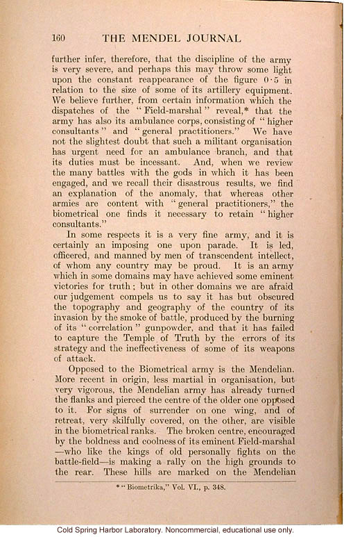 &quote;The Present Position of the Mendelians and Biometricians,&quote; The Mendel Journal, focusing on the &quote;battle&quote; over intermediate forms