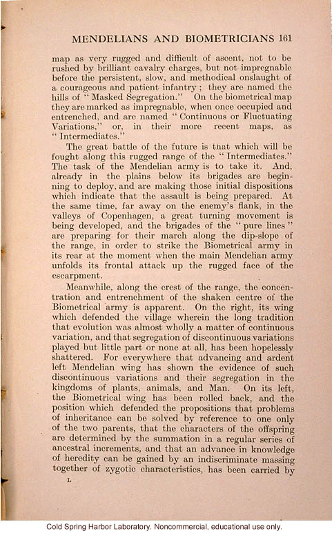 &quote;The Present Position of the Mendelians and Biometricians,&quote; The Mendel Journal, focusing on the &quote;battle&quote; over intermediate forms