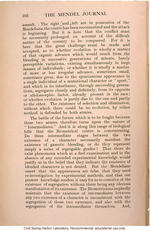 &quote;The Present Position of the Mendelians and Biometricians,&quote; The Mendel Journal, focusing on the &quote;battle&quote; over intermediate forms