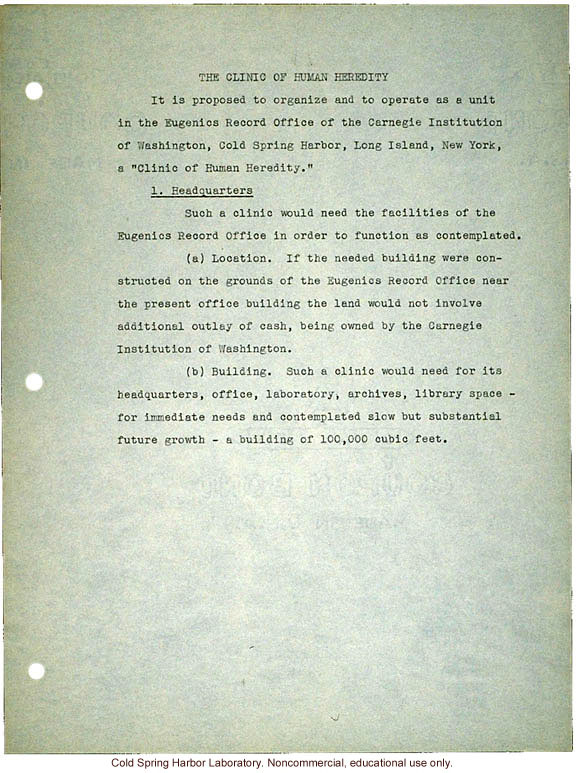 &quote;Proposed Clinic of Human Heredity,&quote; a plan prepared by Harry H. Laughlin as the basis for negotiations with the Carnegie Institution of Washington