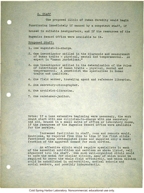 &quote;Proposed Clinic of Human Heredity,&quote; a plan prepared by Harry H. Laughlin as the basis for negotiations with the Carnegie Institution of Washington