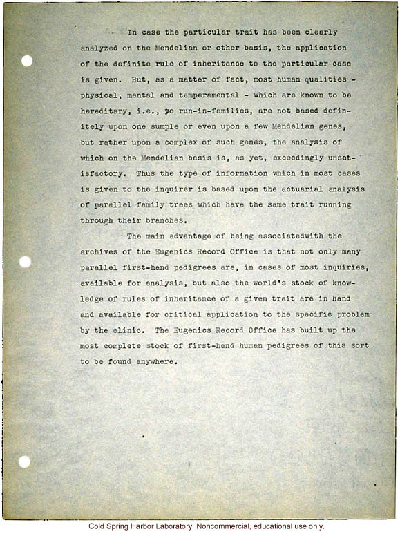 &quote;Proposed Clinic of Human Heredity,&quote; a plan prepared by Harry H. Laughlin as the basis for negotiations with the Carnegie Institution of Washington