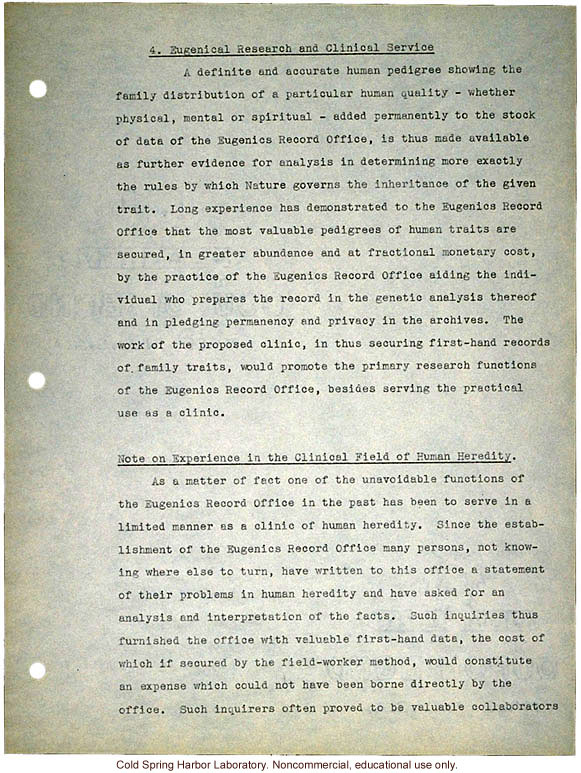 &quote;Proposed Clinic of Human Heredity,&quote; a plan prepared by Harry H. Laughlin as the basis for negotiations with the Carnegie Institution of Washington