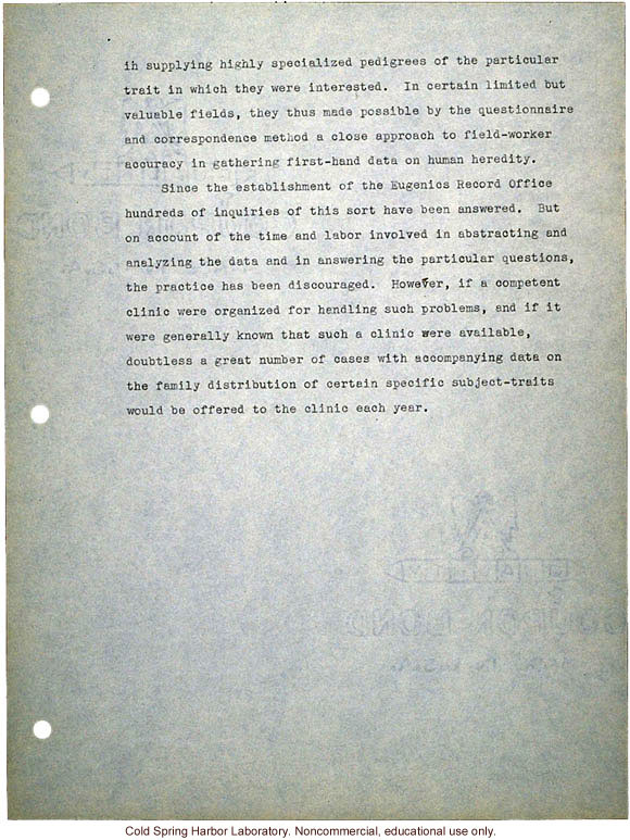 &quote;Proposed Clinic of Human Heredity,&quote; a plan prepared by Harry H. Laughlin as the basis for negotiations with the Carnegie Institution of Washington