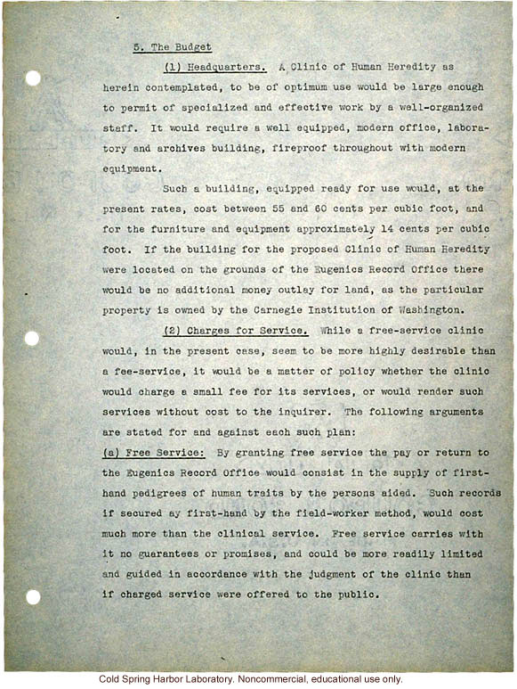 &quote;Proposed Clinic of Human Heredity,&quote; a plan prepared by Harry H. Laughlin as the basis for negotiations with the Carnegie Institution of Washington