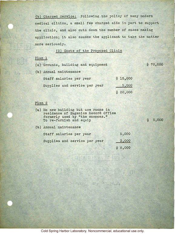 &quote;Proposed Clinic of Human Heredity,&quote; a plan prepared by Harry H. Laughlin as the basis for negotiations with the Carnegie Institution of Washington