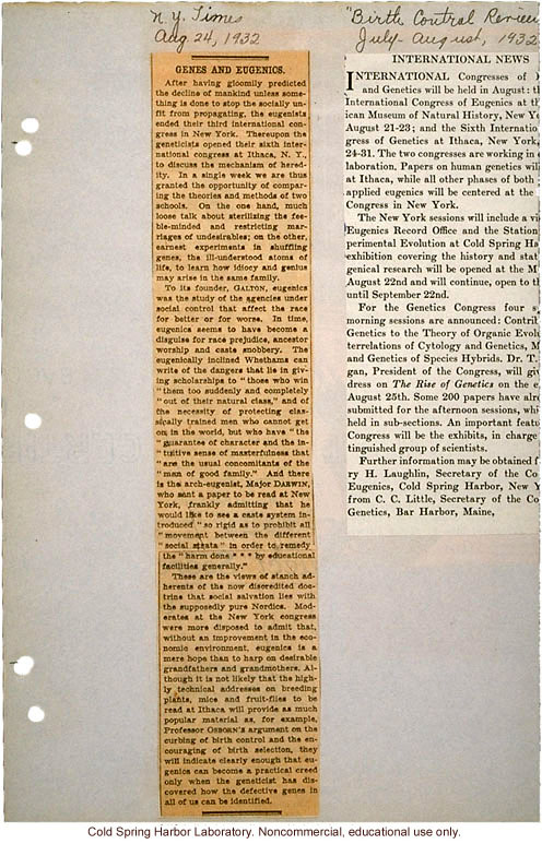 &quote;Genes and Eugenics,&quote; New York Times (8/24/1932), critical review of Third International Eugenics Congress