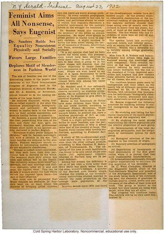 &quote;Feminist Aims All Nonsense, Says Eugenicist,&quote; New York Herald Tribune (8/23/1932), review of Third Eugenics Congress including immigration policy