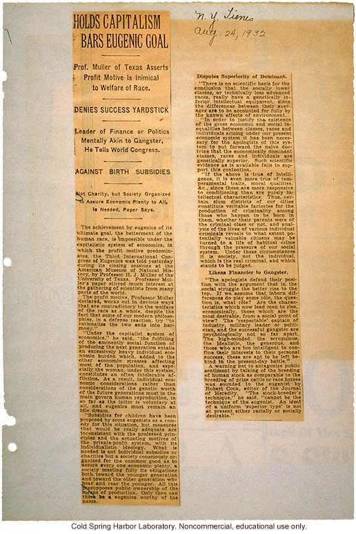 &quote;Holds Capitalism Bars Eugenic Goal,&quote; New York Times (8/24/1932), review of H.J. Muller's paper at the Third International Eugenics Congress