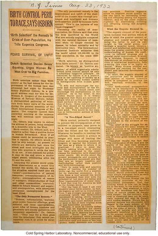 &quote;Birth Control Peril to Race, Says Osborn,&quote; New York Times (8/23/1932), review of H.F. Osborn's paper at Third International Eugenics Congress