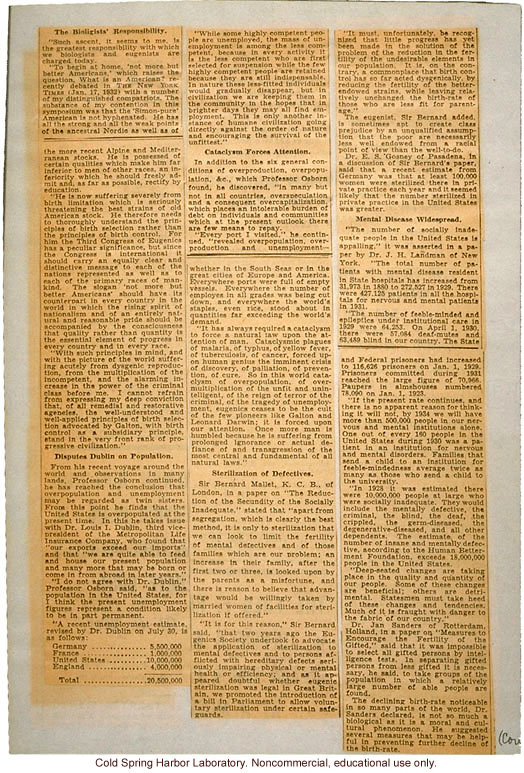 &quote;Birth Control Peril to Race, Says Osborn,&quote; New York Times (8/23/1932), review of H.F. Osborn's paper at Third International Eugenics Congress