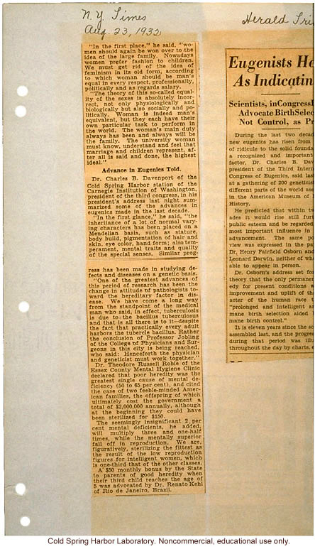 &quote;Birth Control Peril to Race, Says Osborn,&quote; New York Times (8/23/1932), review of H.F. Osborn's paper at Third International Eugenics Congress