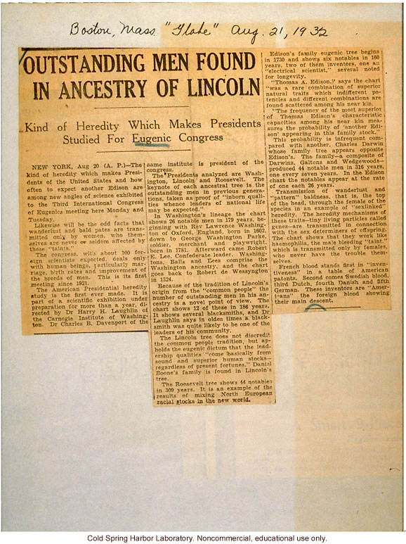 &quote;Outstanding Men Found in Ancestry of Lincoln,&quote; Boston Globe (8/21/1932), review of exhibits at Third International Eugenics Congress