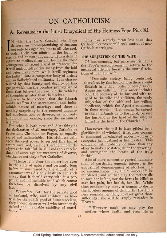 &quote;On Catholicism, As Revealed in the latest Encyclical of His Holiness Pope Pius XI,&quote; Eugenics Review (vol 23:1), papal decree condemning eugenics