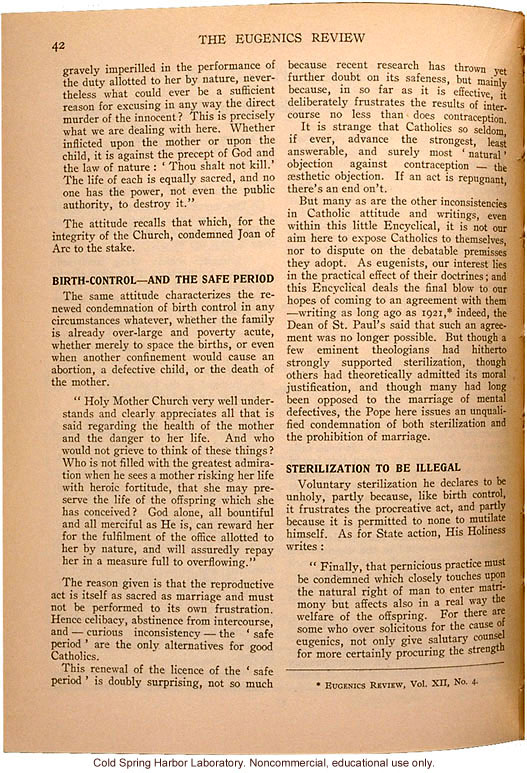 &quote;On Catholicism, As Revealed in the latest Encyclical of His Holiness Pope Pius XI,&quote; Eugenics Review (vol 23:1), papal decree condemning eugenics