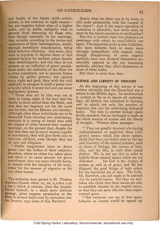 &quote;On Catholicism, As Revealed in the latest Encyclical of His Holiness Pope Pius XI,&quote; Eugenics Review (vol 23:1), papal decree condemning eugenics