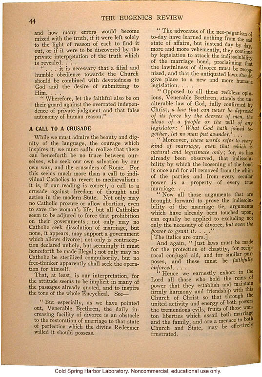 &quote;On Catholicism, As Revealed in the latest Encyclical of His Holiness Pope Pius XI,&quote; Eugenics Review (vol 23:1), papal decree condemning eugenics