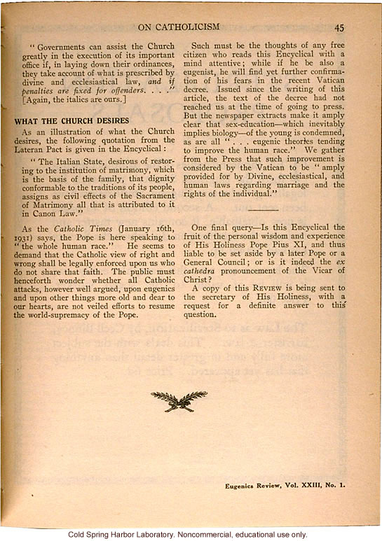 &quote;On Catholicism, As Revealed in the latest Encyclical of His Holiness Pope Pius XI,&quote; Eugenics Review (vol 23:1), papal decree condemning eugenics