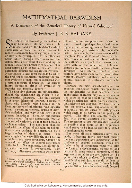 &quote;Mathematical Darwinism, A Discussion of the Genetical Theory of Natural Selection,&quote; by J.B.S. Haldane, Eugenics Review (vol 23:1)