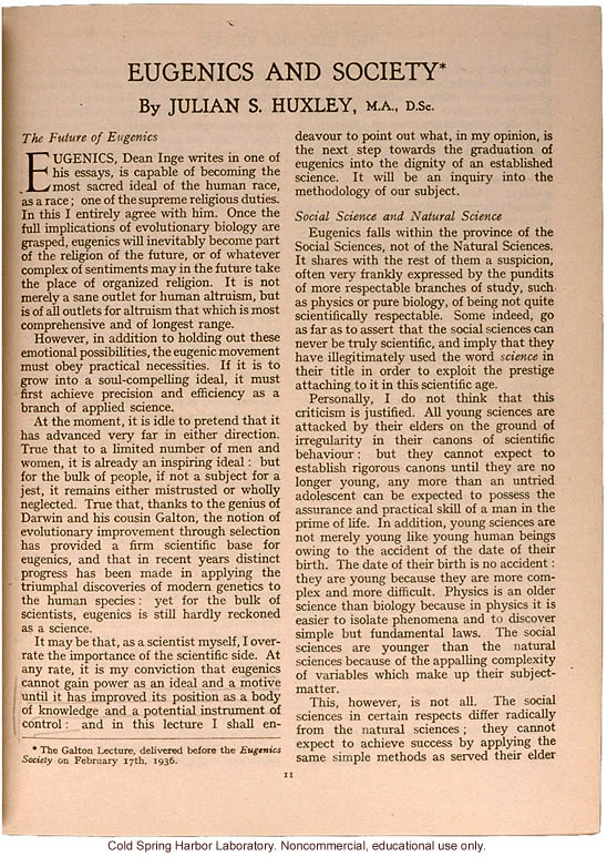 &quote;Eugenics and Society&quote; (The Galton Lecture given to the Eugenics Society), by Julian S. Huxley, Eugenics Review (vol 28:1)