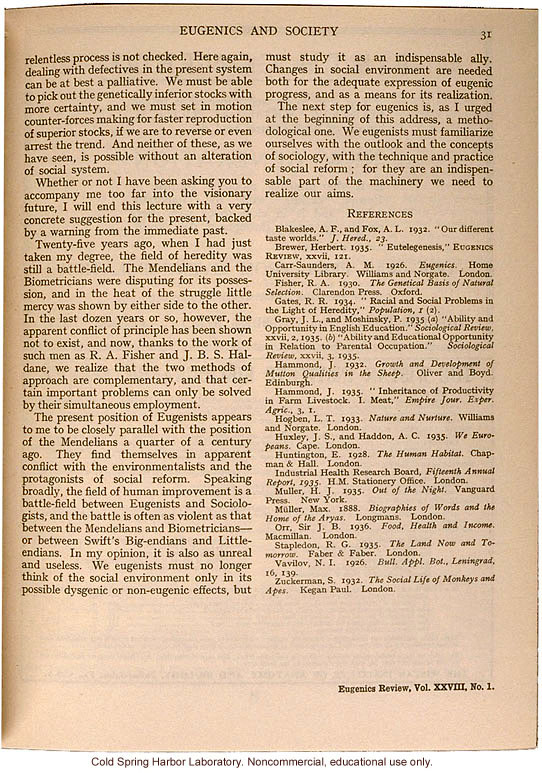 &quote;Eugenics and Society&quote; (The Galton Lecture given to the Eugenics Society), by Julian S. Huxley, Eugenics Review (vol 28:1)