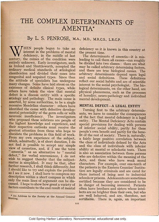 &quote;The Complex Determinants of Amentia,&quote; by L.S. Penrose, Eugenics Review (vol. 26:2)