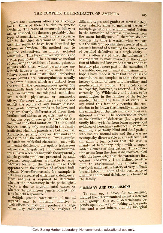 &quote;The Complex Determinants of Amentia,&quote; by L.S. Penrose, Eugenics Review (vol. 26:2)