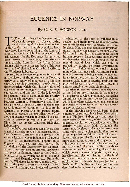 &quote;Eugenics in Norway,&quote; by C.B.S. Hodson, Eugenics Review (vol. 27:1)