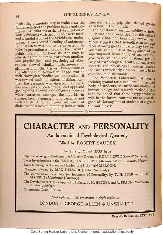&quote;Eugenics in Norway,&quote; by C.B.S. Hodson, Eugenics Review (vol. 27:1)