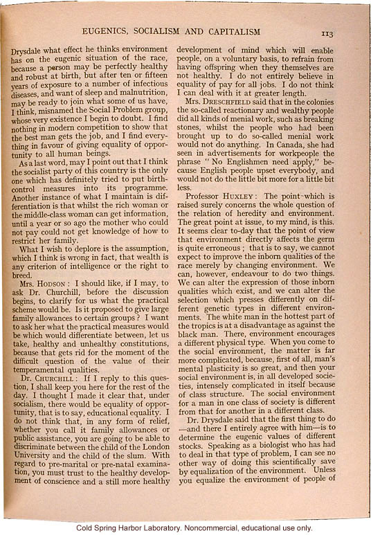 &quote;Eugenics, Socialism, and Capitalism,&quote; Eugenics Review (vol. 27), Julian Huxley's comments on heredity and environment