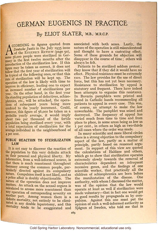 &quote;German Eugenics in Practice,&quote; by Eliot Slater, Eugenics Review (vol. 27:4), ambivalent review of sterilization and marriage laws