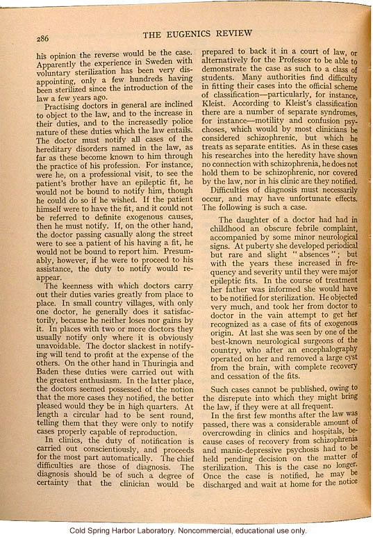 &quote;German Eugenics in Practice,&quote; by Eliot Slater, Eugenics Review (vol. 27:4), ambivalent review of sterilization and marriage laws