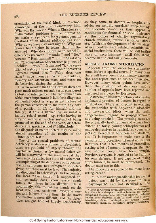 &quote;German Eugenics in Practice,&quote; by Eliot Slater, Eugenics Review (vol. 27:4), ambivalent review of sterilization and marriage laws