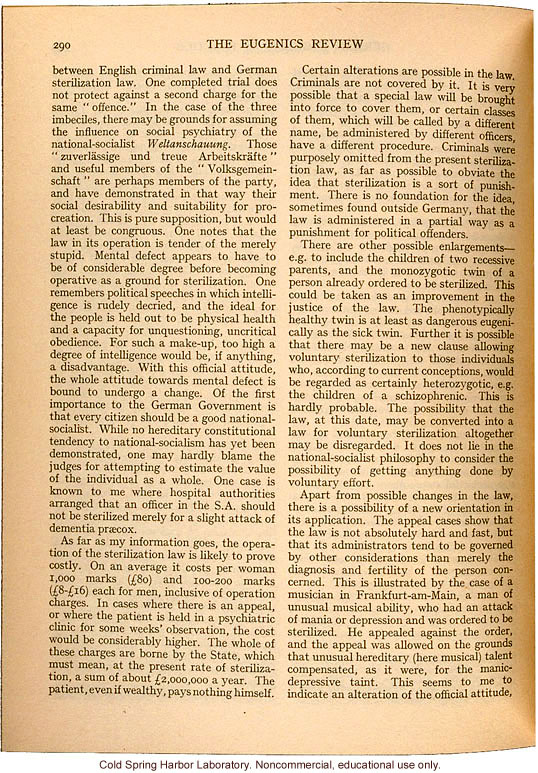 &quote;German Eugenics in Practice,&quote; by Eliot Slater, Eugenics Review (vol. 27:4), ambivalent review of sterilization and marriage laws