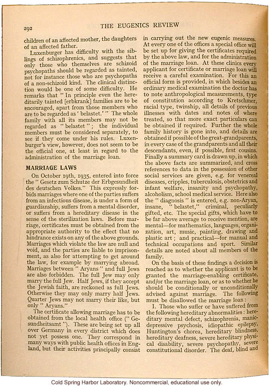 &quote;German Eugenics in Practice,&quote; by Eliot Slater, Eugenics Review (vol. 27:4), ambivalent review of sterilization and marriage laws