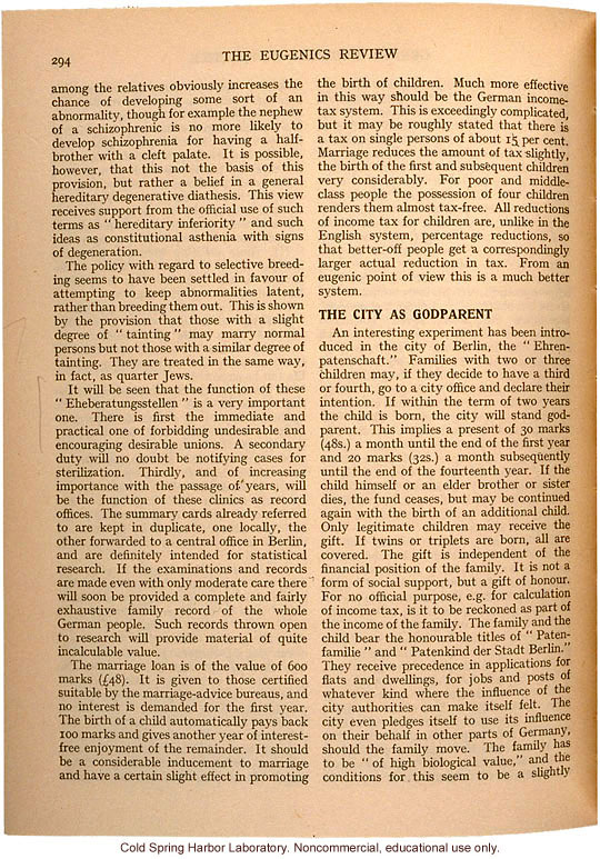 &quote;German Eugenics in Practice,&quote; by Eliot Slater, Eugenics Review (vol. 27:4), ambivalent review of sterilization and marriage laws