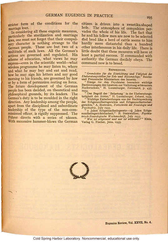 &quote;German Eugenics in Practice,&quote; by Eliot Slater, Eugenics Review (vol. 27:4), ambivalent review of sterilization and marriage laws