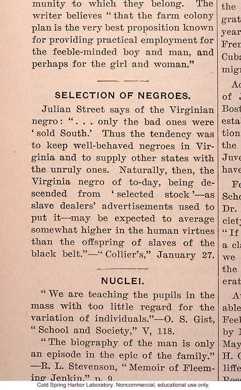 &quote;Selection of Negroes,&quote; Eugenical News (vol. 2), eugenic effect of slave trading in the South