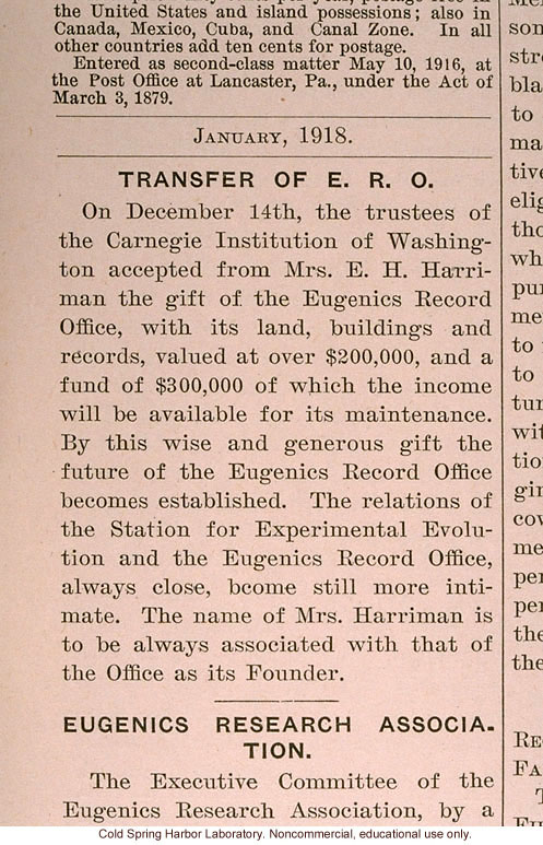 &quote;Transfer of ERO,&quote; Eugenical News (vol. 3), Carnegie Institution accepts gift of Eugenics Record Office from Mrs. E.H. Harriman