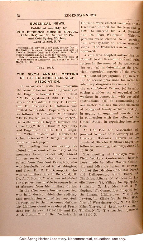 &quote;The Sixth Annual Meeting of the Eugenics Research Association,&quote; July 21, 1918, Eugenical News (vol. 3)