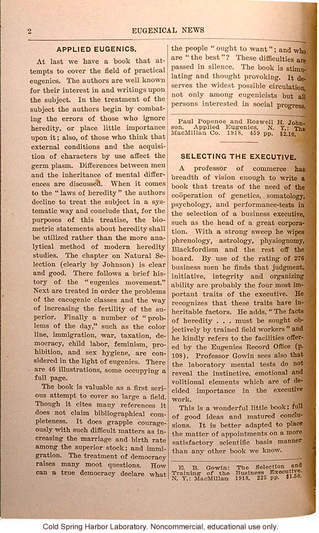 Review of Applied Eugenics, By Paul Popenoe and Roswell H. Johnson, Eugenical News (vol. 4)