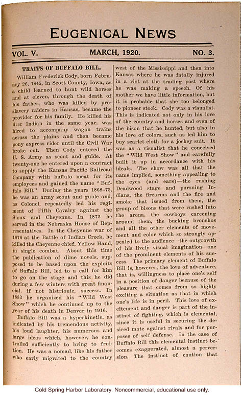 &quote;Traits of Buffalo Bill,&quote; Eugenical News (vol. 5:3)