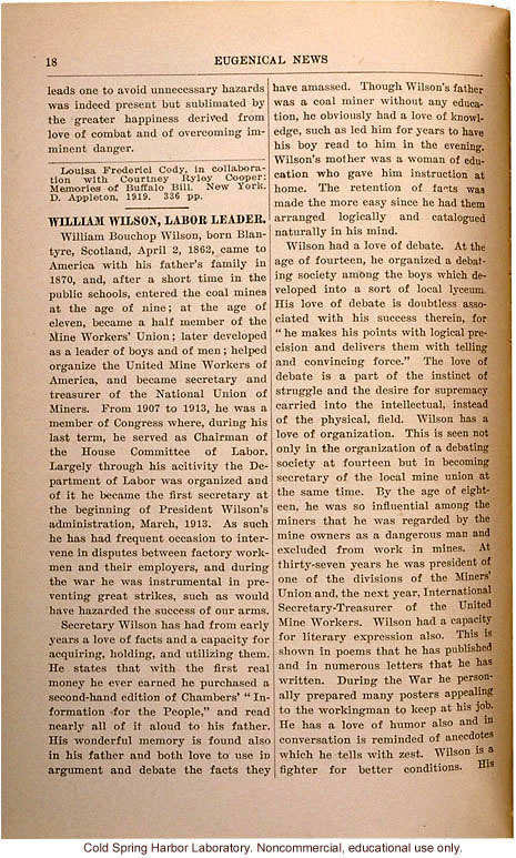 &quote;Traits of Buffalo Bill,&quote; Eugenical News (vol. 5:3)