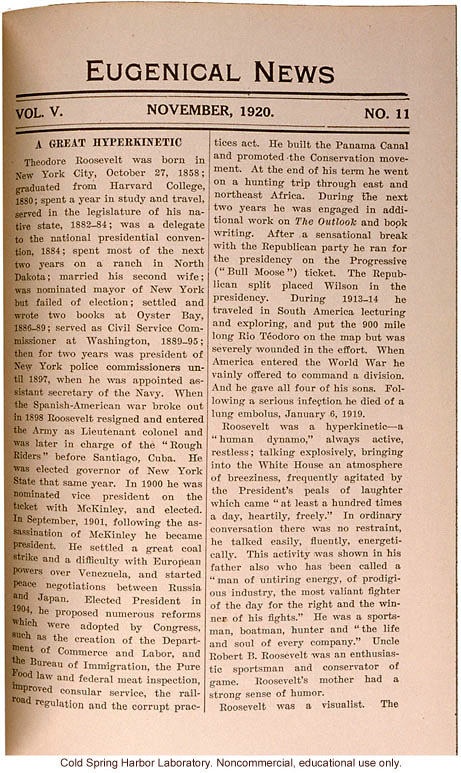 &quote;A Great Hyperkinetic,&quote; Eugenical News (vol. 5:11), biography of Theodore Roosevelt including reference to his political relatives